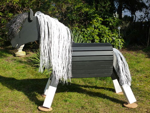 60cm Holzpferd Pony Pinto schwarz weiß mit Maul für Trense