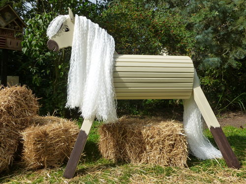100cm Holzpferd beige mit Farbverlauf braun Pressengarn weiß mit Maul und Gesicht